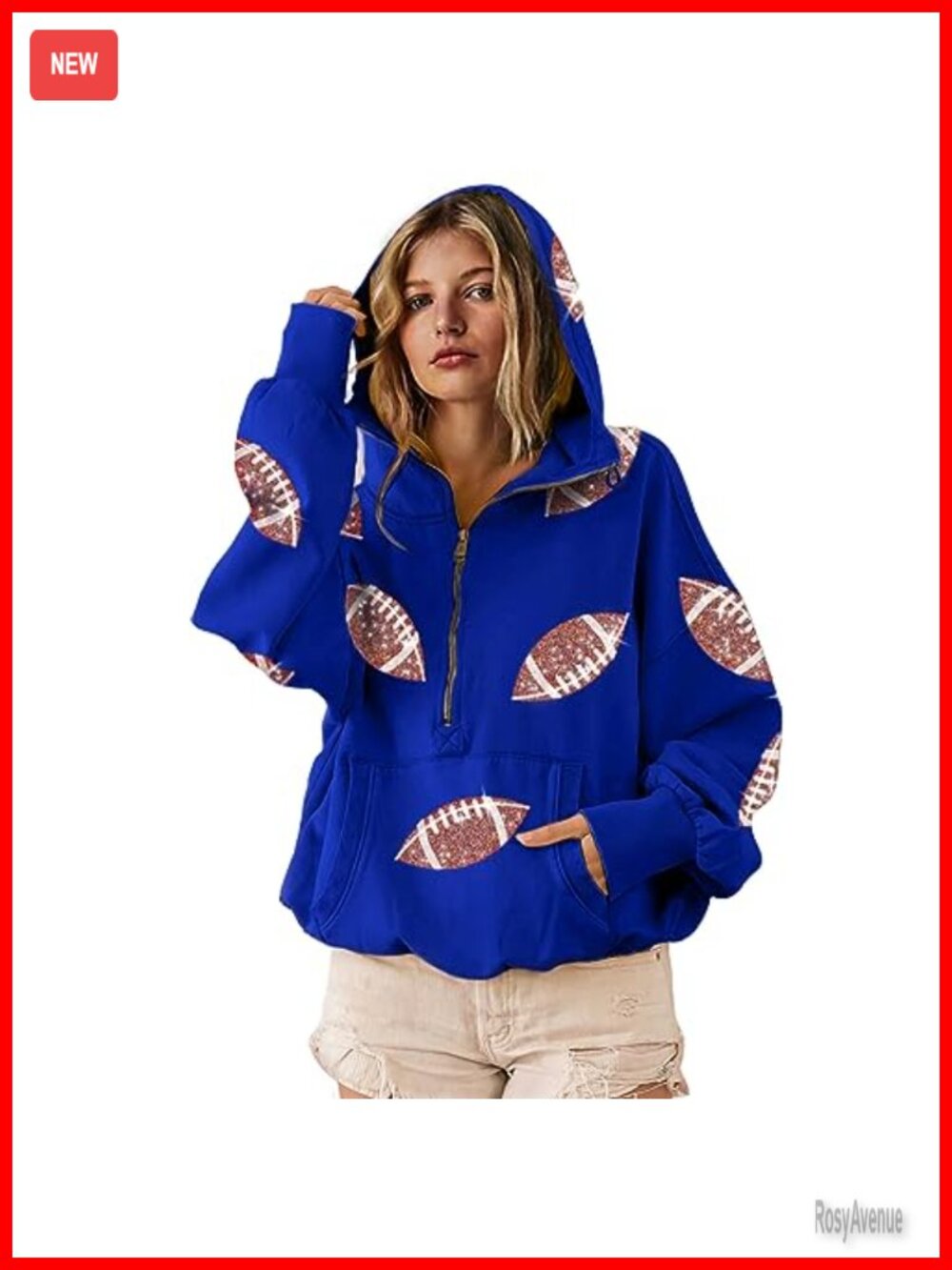 Sequin Football Hoodie Sweatshirt Half Zip Oversized Pullover Game Day